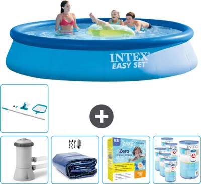 Produktbild von Intex runder aufblasbarer Easy Set-Schwimmpool – 396 x 84 cm – Blau – inklusive Pumpe Sonnensegel - Wartungspaket - Filter - Reinigungskit