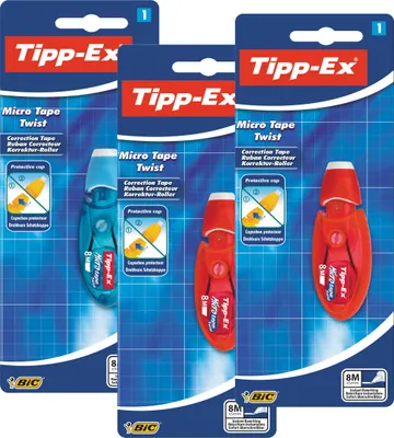 Produktbild von Tipp-Ex Korrekturroller Micro Tape Twist in Blau oder Rot, 8m x 5mm, 3x 1er Pack