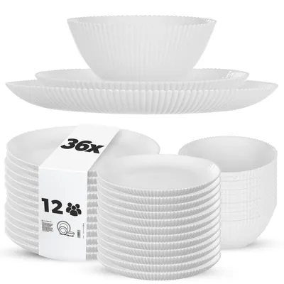 Produktbild von KADAX Geschirrset für 12 Personen, 36-teilig, weiße Tafelservice aus Opalglas mit Suppenschalen, Speisetellern & Desserttellern, Spülmaschinenfest (Weiß)