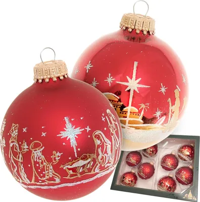 Produktbild von Krebs Glas Lauscha Weihnachtsbaumkugeln 8er Set - Stern von Bethlehem - Weihnachtsrot Glanz und Satin