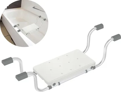 A bathtub seat designed for elderly or pregnant individuals, shown in a studio setting with a close-up view and an inset showing it in a bathtub.