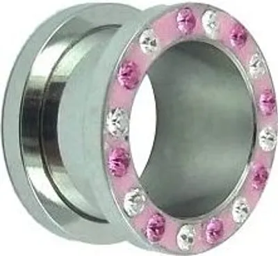 Produktbild von Ohr Flesh Stahl Tunnel Piercing Screw Motiv Rosa Mit Bunten Steinen T1902.6mm