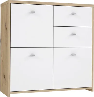 Obrázek produktu pro Nábytek24 Komoda Nejlepší komoda SQNK223 Highboard 3 dveřová skříňka do obývacího pokoje zásuvková jednotka 2 zásuvky Artisan Oak White