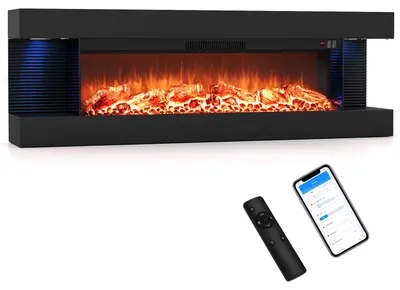 Imagen del producto de COSTWAY Chimenea eléctrica de 32 pulgadas, con calefacción de 750W/1500W, diseño decorativo con luces LED laterales, efecto de llama 3D, 12 colores de llama, control mediante aplicación y mando a distancia
