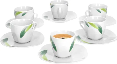 Zdjęcie produktu dla Van Well Siena zestaw 6 filiżanek do espresso + spodki, zestaw do espresso, dekor liści, porcelana wysokiej jakości
