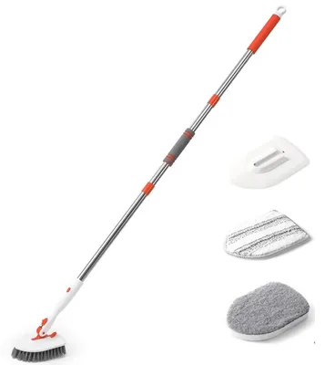 Produktbild von Bodenbürste, 3-in-1 Fliesen- und Badewannenreiniger mit 132 cm langem, verstellbarem Griff und 3 abnehmbaren Ersatzbürstenköpfen zur Reinigung von Badezimmer-, Küchenwänden und Badewannenfliesen