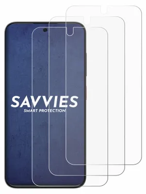 Three transparent screen protectors are shown layered over a smartphone.
