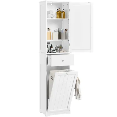 A white wooden bathroom cabinet with a closed door on the right and an open door on the left, revealing shelves with various items. Below the shelves is a drawer and a laundry basket with an open lid.