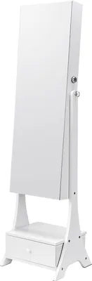 Obrázek produktu pro SucceBuy Stojací zrcadlová skříňka na šperky, Uzamykatelná, Sametová podšívka, LED, Zásuvka, Kompletní, Volně stojící, Bílý organizér