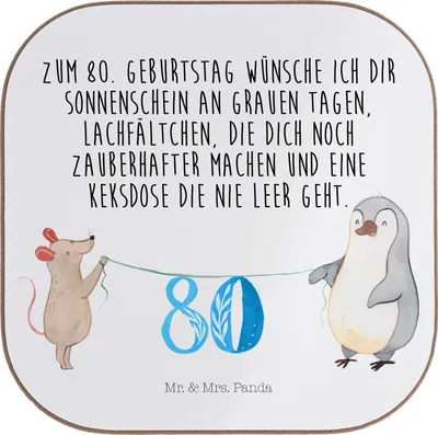 Produktbild von Mr. & Mrs. Panda Tischuntersetzer 80. Geburtstag Maus Pinguin - Weiß - Geschenk, Happy Birthday, Untersetzer für Gläser, Torte, gläseruntersetzer, Kuchen, Coaster