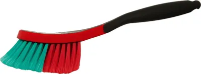 A cleaning brush with a red and teal brush head and a black handle, isolated on a white background.