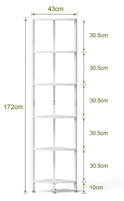 Obrázok produktu pre Rohová policová zostava – 6-poschodová stojaca polica – Nastaviteľné LED osvetlenie – 30 x 30 x 172 cm – Drevený rám – Vhodná do obývačky, spálne alebo kancelárie – Biela