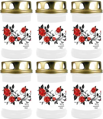 Produktbild von Grabkerze Weiß 6er Pack, Brenndauer: 48 Stunden ( je Kerze ), Motiv: Rose Ranke