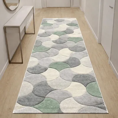 Produktbild von Moderner Teppichläufer grau creme grün mit Konturenschnitt für Flur Größe - 80 x 300 cm