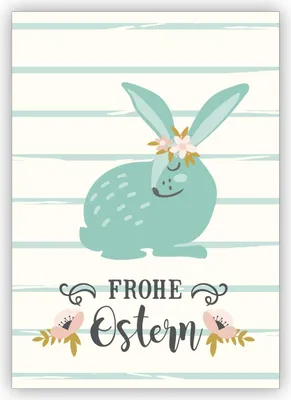 Produktbild von 4x Süße hellblaue Vintage Osterkarte mit Blumen Osterhase auf Streifen: Frohe Ostern