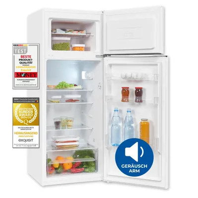 An open white refrigerator with food items inside, and several award badges on the left side.