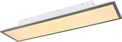 A rectangular LED ceiling light with a white frame and a gray border, illuminated with a warm yellow light.