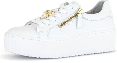 A white Gabor platform sneaker with a gold bee charm and a gold zipper detail.
