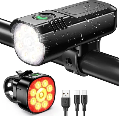 Zdjęcie produktu dla Oświetlenie rowerowe [8+7 trybów i 9+9 mocnych diod LED]. Przednie i tylne światła rowerowe, ładowane przez USB, wodoodporne oświetlenie rowerowe IP65