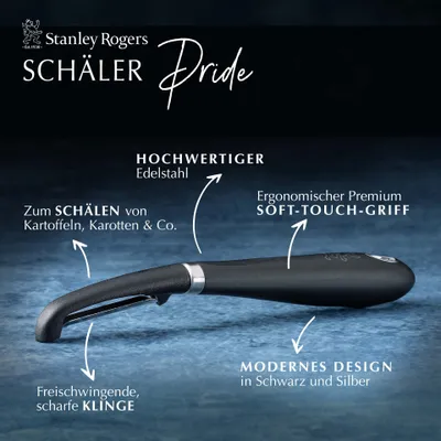 Produktbild von Stanley Rogers Schäler 19 cm, Universalschäler mit ergonomischen Premium-Softtouch-Griff, Pendelschäler mit extra scharfer Klinge aus Edelstahl (Farbe: Silber/Schwarz)