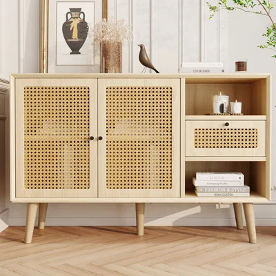Produktbild von MODFU Kommode Sideboard mit 1 Schublade und 2 magnetischen Türen, Beine aus Massivholz, Aufbewahrungsschrank mit goldfarbenen Metallbügelgriffen,Eiche