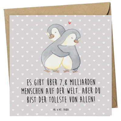 Produktbild von Mr. & Mrs. Panda Grußkarte Pinguine Kuscheln - Grau Pastell - Geschenk, Glückwunschkarte, für Freundin, Hochzeitstag, Klappkarte, Valentinstag, Mitbringsel, anlasskarte