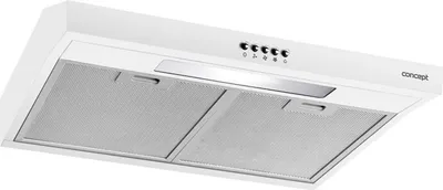 A white kitchen range hood with silver metal filters.