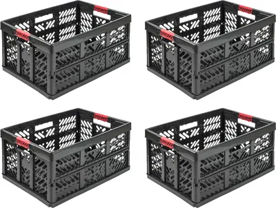 Four identical black folding storage crates are arranged in a two-by-two grid on a white background.