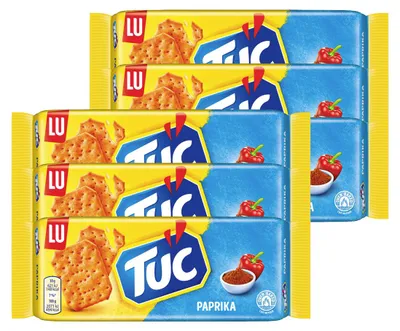 Productafbeelding van Tuc Crackers met paprika smaak, een lekker snackproduct. Verpakking van 6 stuks, elk 100 gram