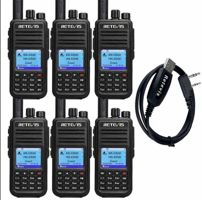 A set of six Retevis RT3S DMR walkie-talkies and a USB programming cable are arranged on a white background.