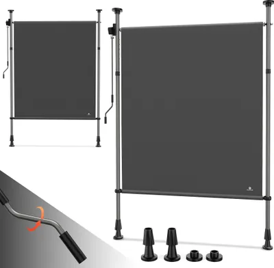 Two gray retractable awnings are shown against a white background. One is smaller and to the left, the other is larger and to the right. A crank handle and some accessory feet are shown in the bottom left and bottom right corners respectively.