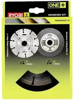 Immagine prodotto di Set di 6 dischi per smerigliatrice RYOBI, diametro 115 mm, 1 disco diamantato, 5 dischi da taglio, RAK6AGD115