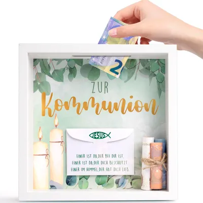 Produktbild von Geschenkverpackung für Kommunionsgeld, Bilderrahmen mit Umschlag zum Dekorieren und Befüllen, mit Sparschweinfunktion, ca. 22 x 22 cm