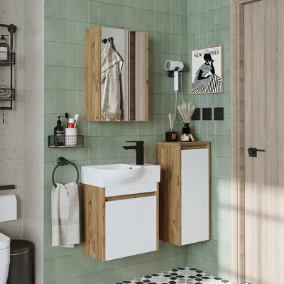 Produktbild von Roomart LEO Badmöbel-Set 4-teilig 46.5 cm breit, Weiß-Eiche