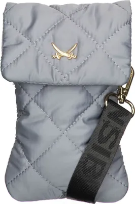 A close-up studio shot of a gray quilted phone bag with a gold logo and a black strap.