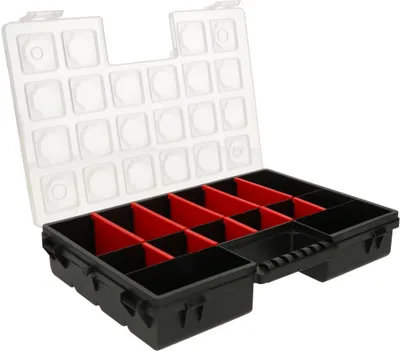 An open black plastic organizer box with red dividers and a clear plastic lid showing indentations for compartments.