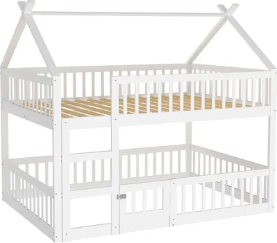 Produktbild von okwish Kinderbett 140x200 mit Matratze,Etagenbett Doppelbett mit Treppe und Sicherheitszaun,Weiß