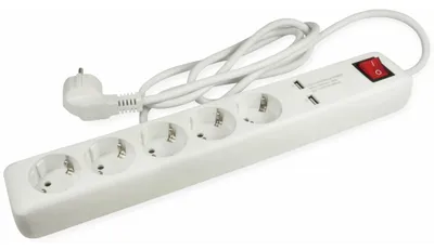 A white power strip with five outlets and two USB ports, along with a red power switch, is shown against a white background.