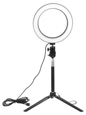 Obrázek produktu pro LED kruhové světlo o průměru 20 cm, vyrobené z hliníkové slitiny, s nastavitelnou intenzitou světla (3200K-5500K), napájené přes USB, včetně stativu a selfie tyče, vhodné pro fotografování