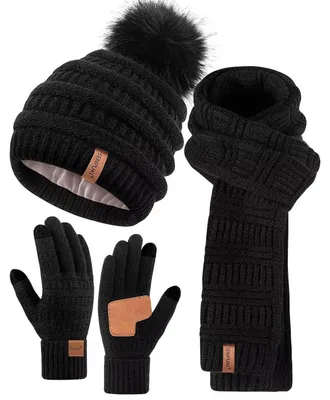 Zdjęcie produktu dla Zestaw damski na zimę: czapka, szalik i rękawiczki, ocieplany polar, pompon, możliwość obsługi ekranów dotykowych, czarny, 3-elementowy
