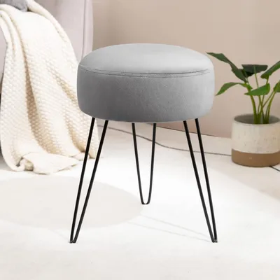 Image de Tabouret de maquillage de 45 cm, en velours gris, avec pieds en métal, idéal pour les petits espaces
