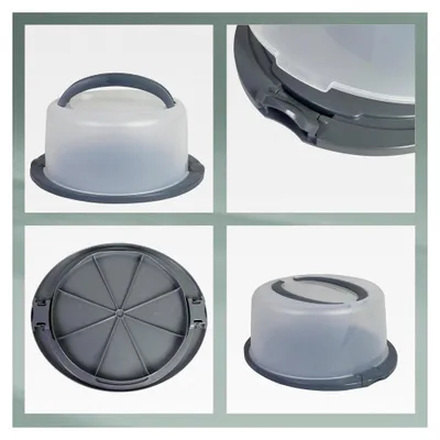 Produktbild von Tortentransportbox 30 cm, Kunststoff, runde Tortenhaube, Tortenglocke, Kuchen Transportbox mit Griffen, dunkelgrau