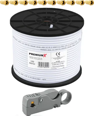 Produktbild von PremiumX 100m BASIC Koaxialkabel 135dB 4-fach SAT Abisolierer 10x F-Stecker