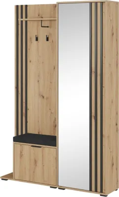 Image de Minio, Ensemble de penderie "NELLY", penderie, avec siège rembourré noir, avec miroir, chêne Artisan / couleur noire