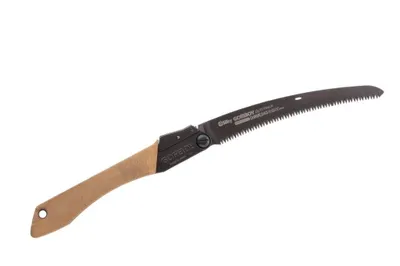 A folding saw on a white background.
