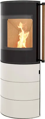 A modern wood-burning stove with a glass door showing flames.