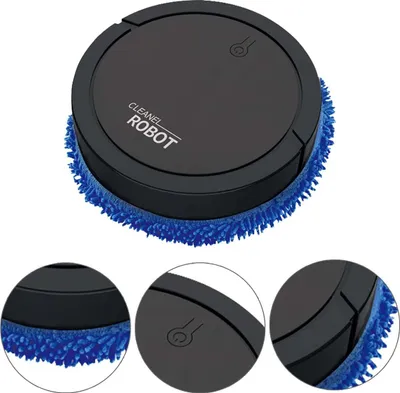A black robotic floor cleaner with a blue microfiber cleaning pad is shown against a white background. The image includes close-up views of the product's edge and a power button icon.