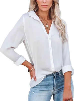 Produktbild von ASKSA Damen Langarmshirts Button Down V-Ausschnitt Einfarbig Revers Ausschnitt Blusen,Weiß,L