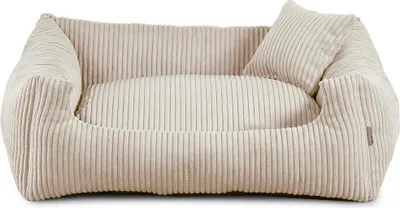 Image de Lit pour chien - matériau doux et côtelé avec remplissage en mousse de polyuréthane, résistant à la saleté, en différentes couleurs et tailles, petit coussin inclus (M - 80x65, beige)