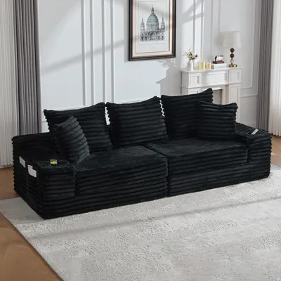 Obrázek produktu pro okwish Dvoumístná pohovka, rozkládací postel s bočními kapsami a držáky na nápoje, modulární pohovka, relaxační pohovka s kompresní funkcí sedáku a vysokým opěradlem, manšestr, černá